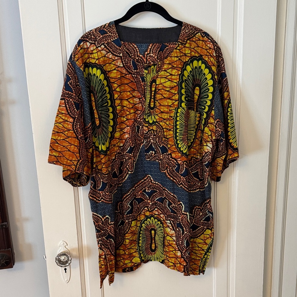 Vintage Orange and Green Dashiki Patterned Shirt